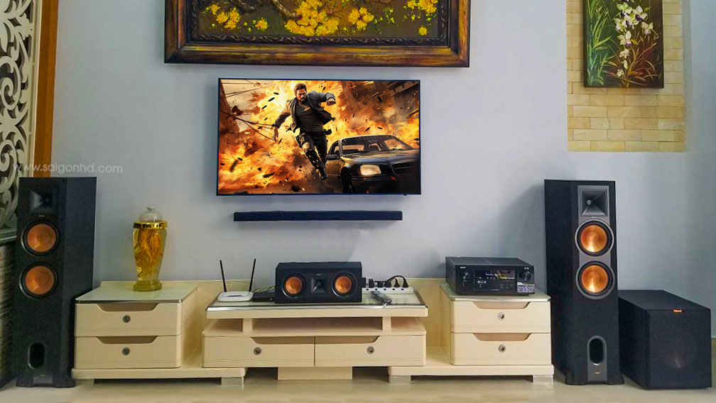 Dan am thanh xem phim voi phoi ghep Denon va Klipsch R26F 09